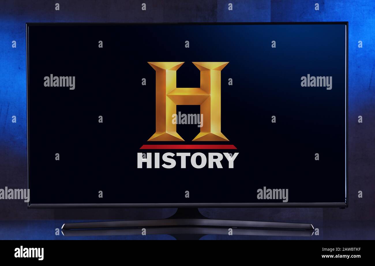 POZNAN, POL FEB 04, 2020 Flatscreen TV set displaying logo of