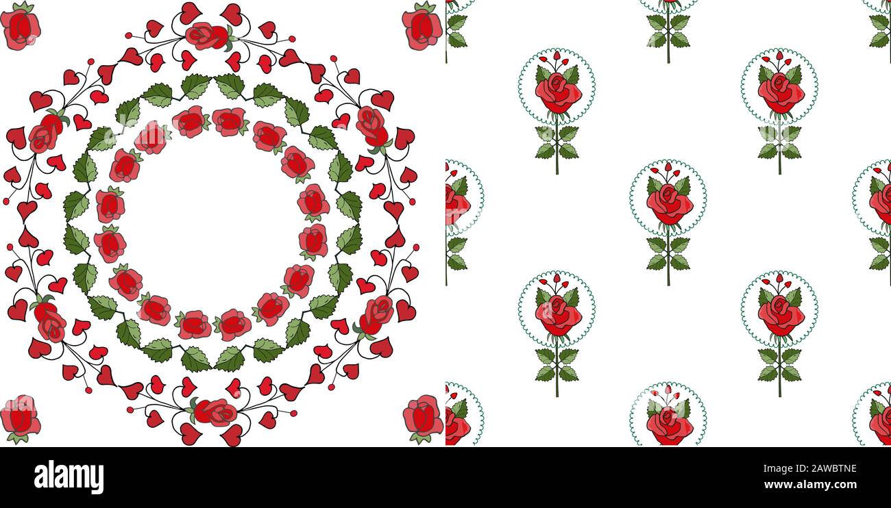 design elements and red roses seamless pattern., Floral vector set: red roses frames, wreaths. Stock Vector