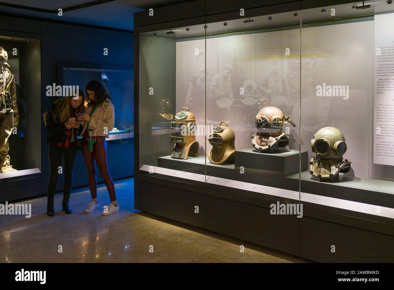 Istanbul, Turkey Jan 12, 2020 diving equipment on display for