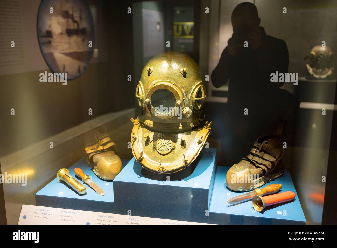 Istanbul, Turkey - Jan 12, 2020: diving equipment on display for Exhibition in The Istanbul Naval Museum, Turkey. Stock Photo