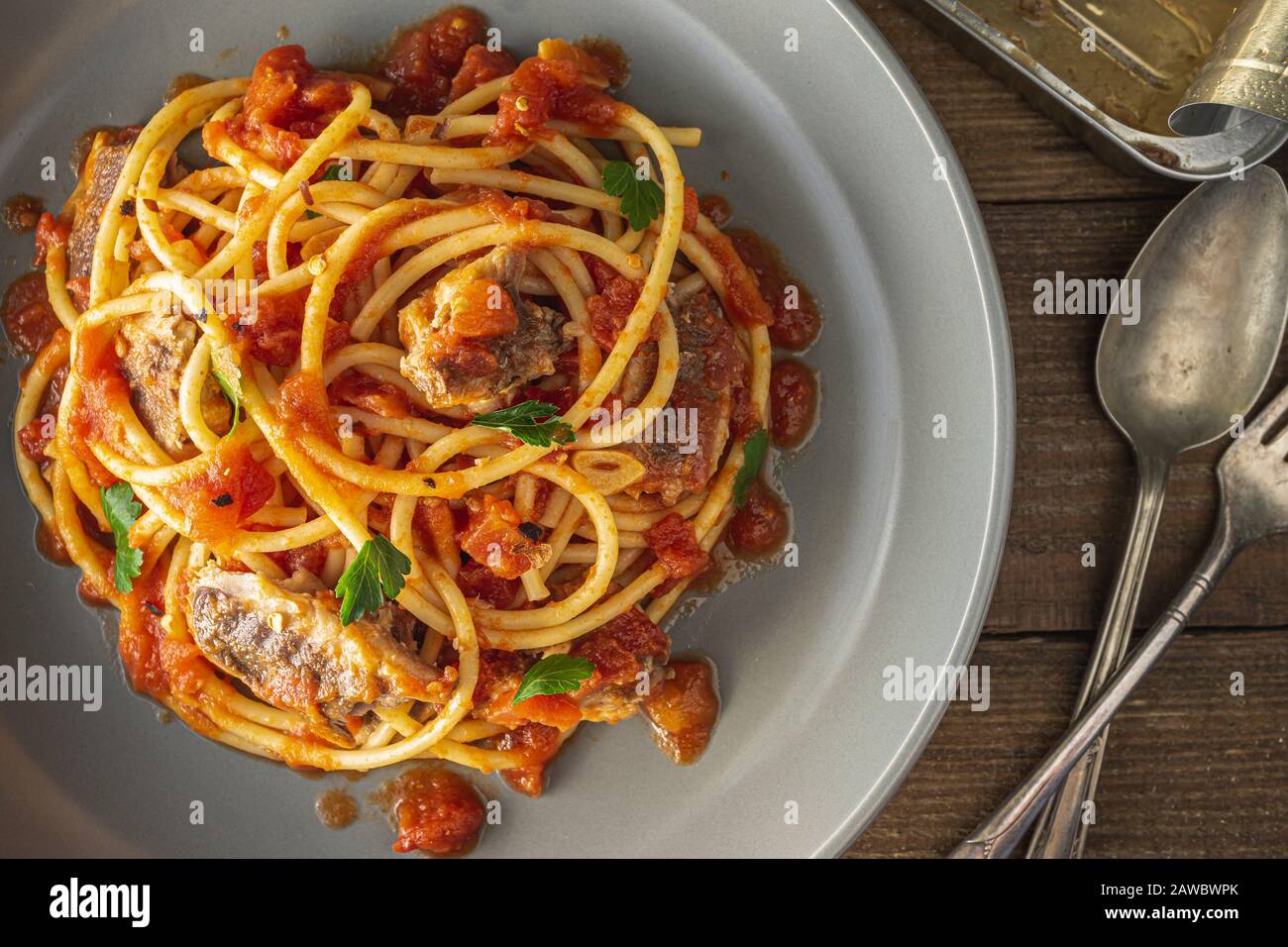 Bucatini pasta with Sardines in tomato sauce. Closeup Stock Photo Alamy