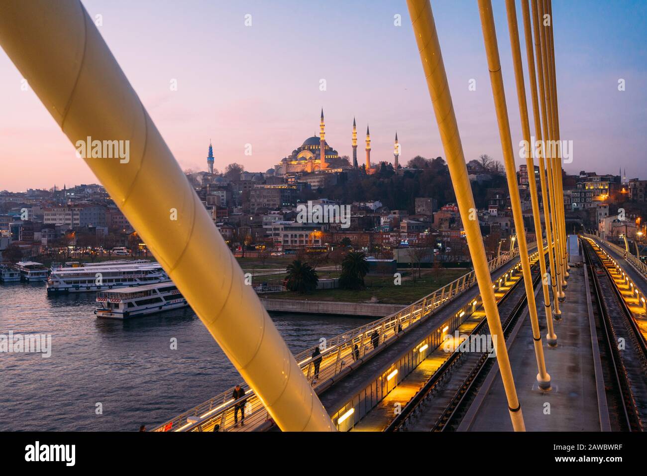Istanbul, Turkey - Jan 14, 2020: TSuleymaniye Mosque from Halic Metro Bridge Stock Photo