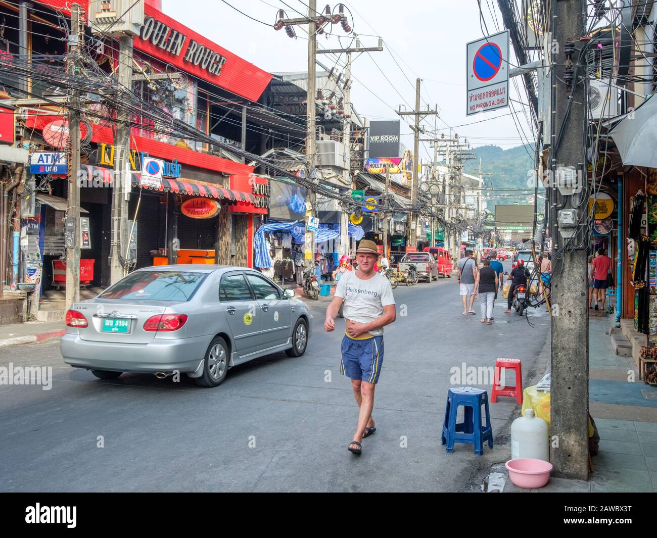 Bangla Road in Patong. This street becomes a bustling walking street at night in Patong, which is one of the busiest parts of Phuket. Stock Photo