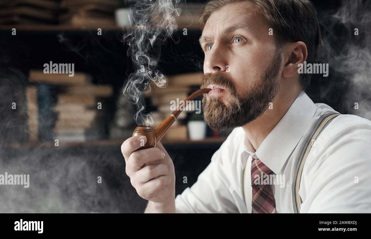 Smoking pipe man portrait Stock Photo