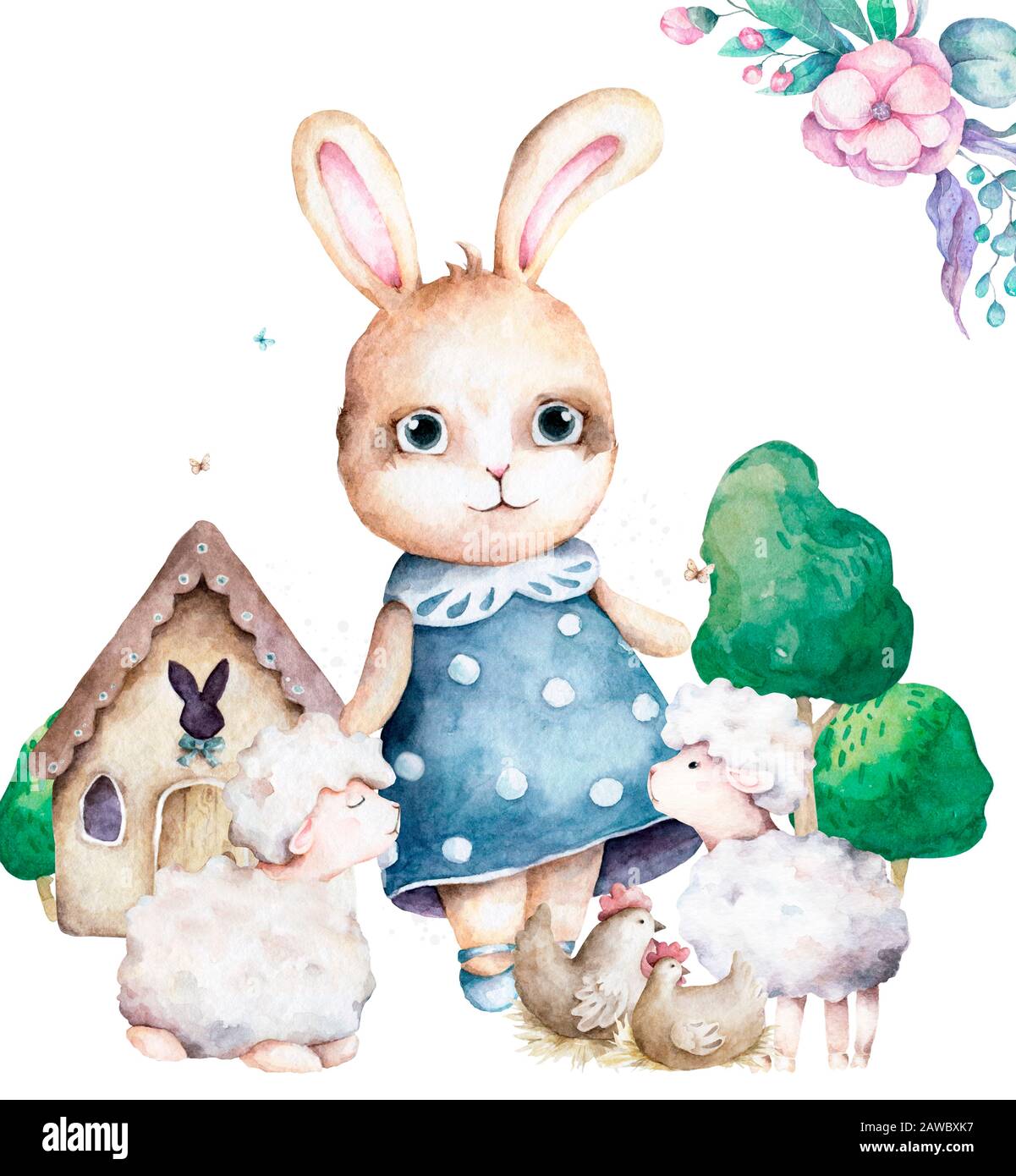 Hand drawn watercolor cute set with bunny with sheep and house farm ...