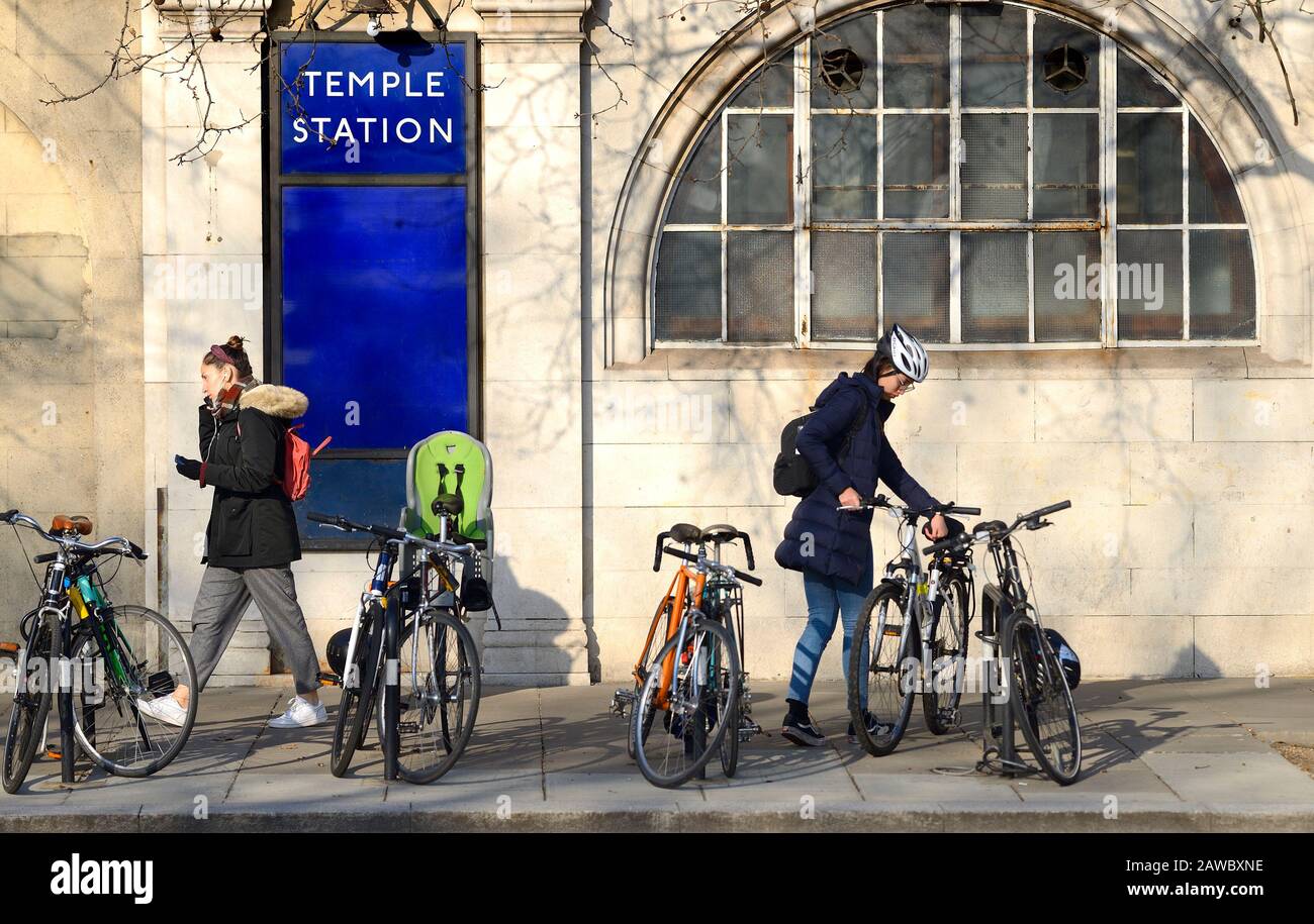 London, England, UK. Temple underground station on the Victoria Embankment Stock Photo