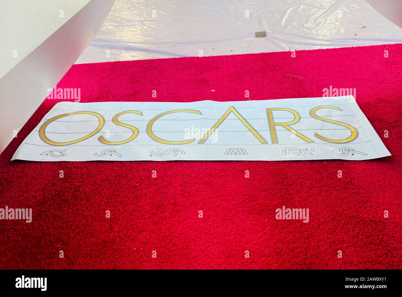 A general view of the red carpet being set up before the 2020 Academy Awards in Los Angeles, California. Picture date: Friday 7 February, 2020. See PA story SHOWBIZ Oscars. Photo credit should read: Jennifer Graylock/PA Wire Stock Photo