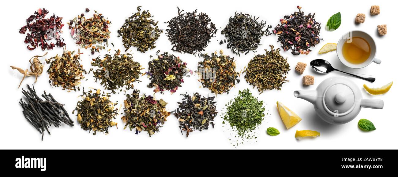 Large assortment of tea on a white background. The view from the top ...