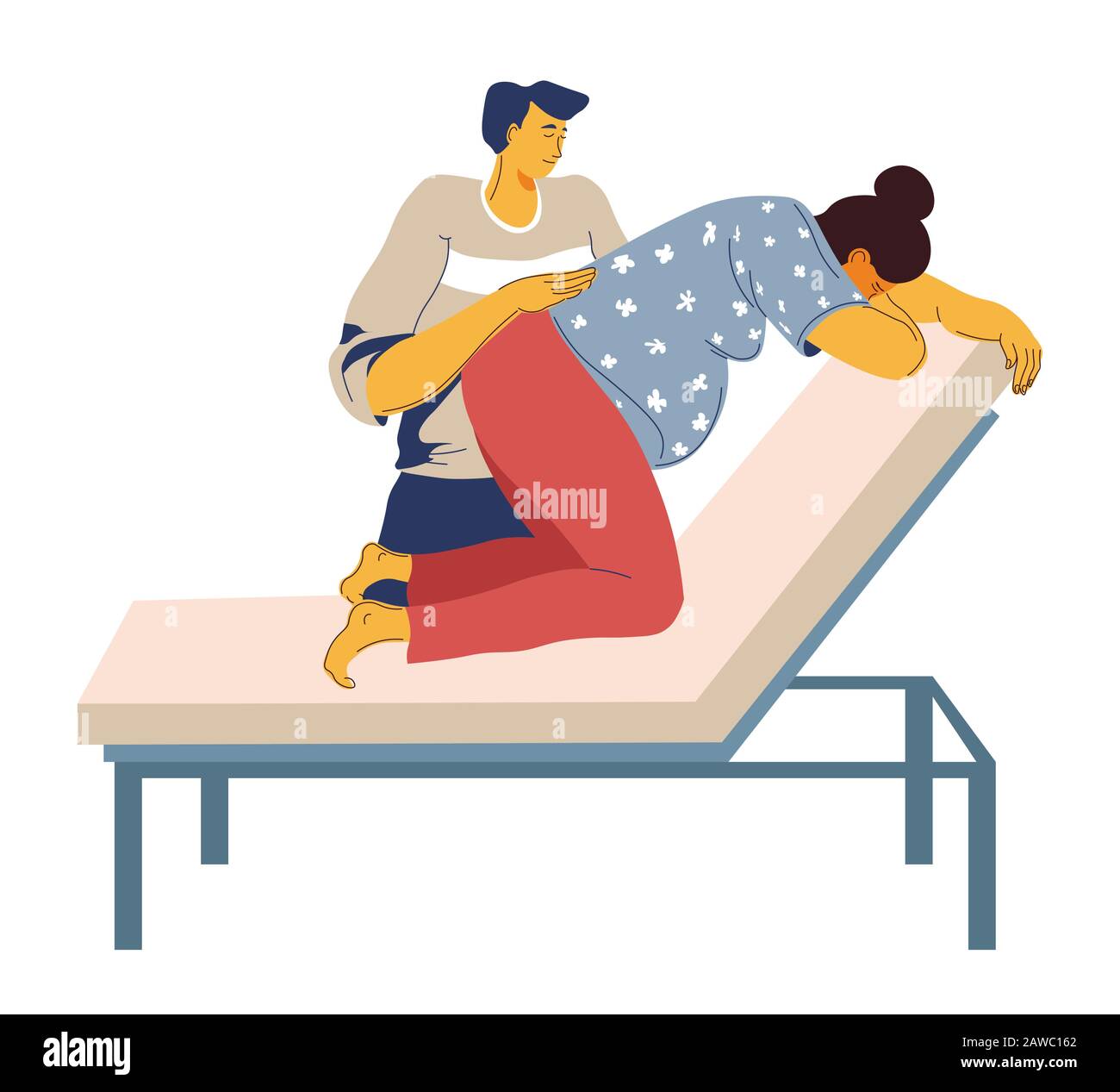 Childbirth and contractions, birth giving position, man and woman Stock Vector
