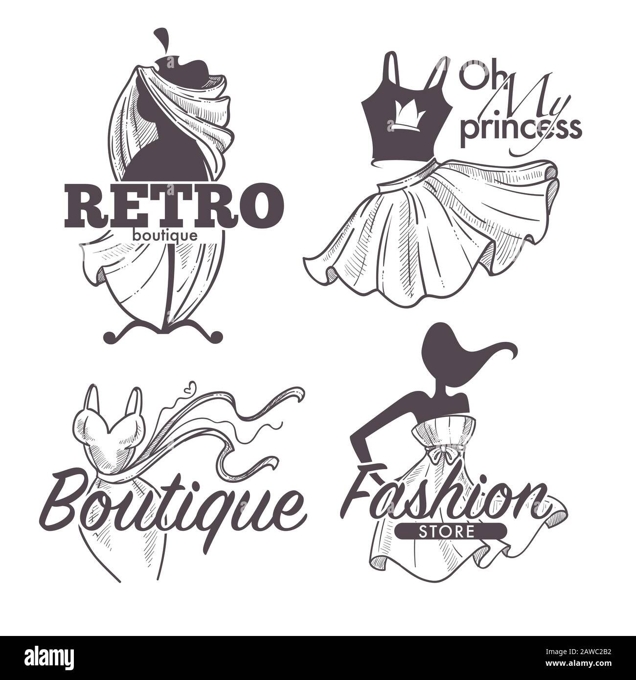 Boutique or female clothes shop isolated sketch icons Stock Vector ...