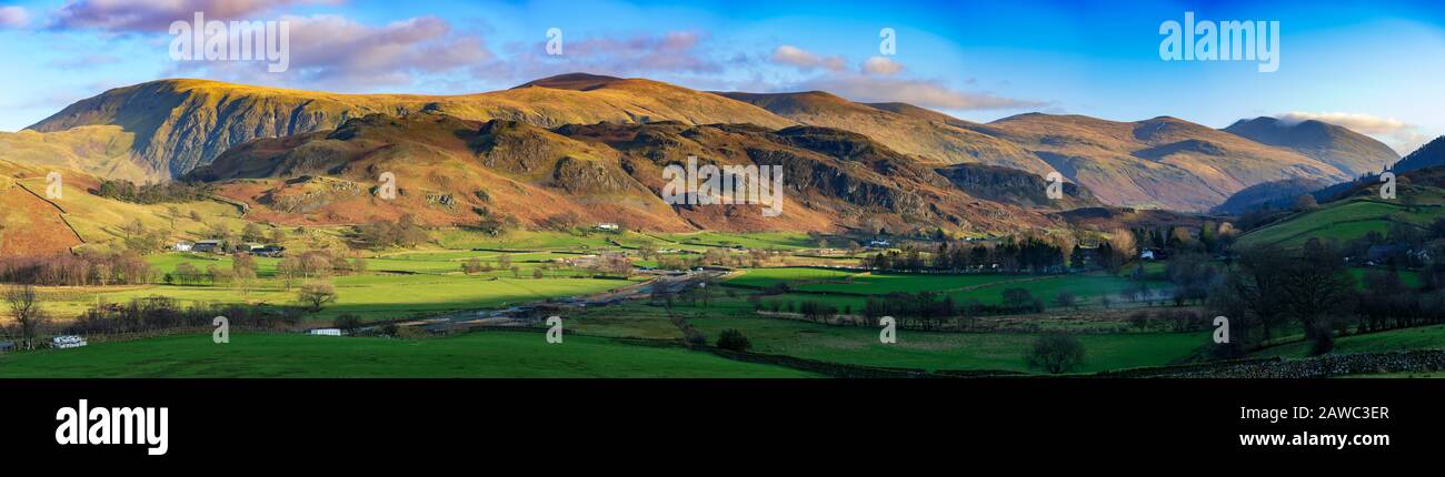 Calfhow pike near Keswick on the left leading to Helvellyn range on the right. Lake district. Stock Photo
