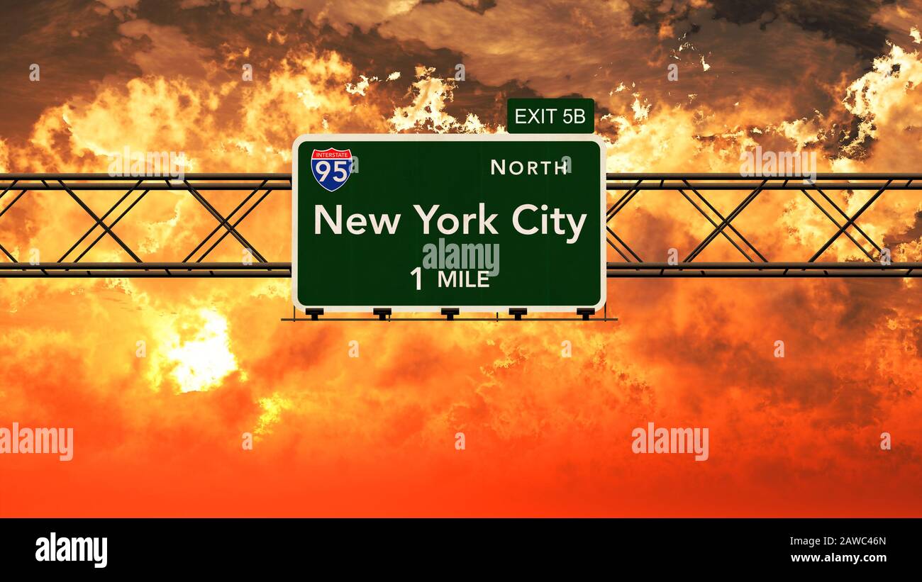 New York City USA Interstate Highway Sign in a Beautiful Cloudy Sunset Sunrise Photorealistic 3D Illustration Stock Photo