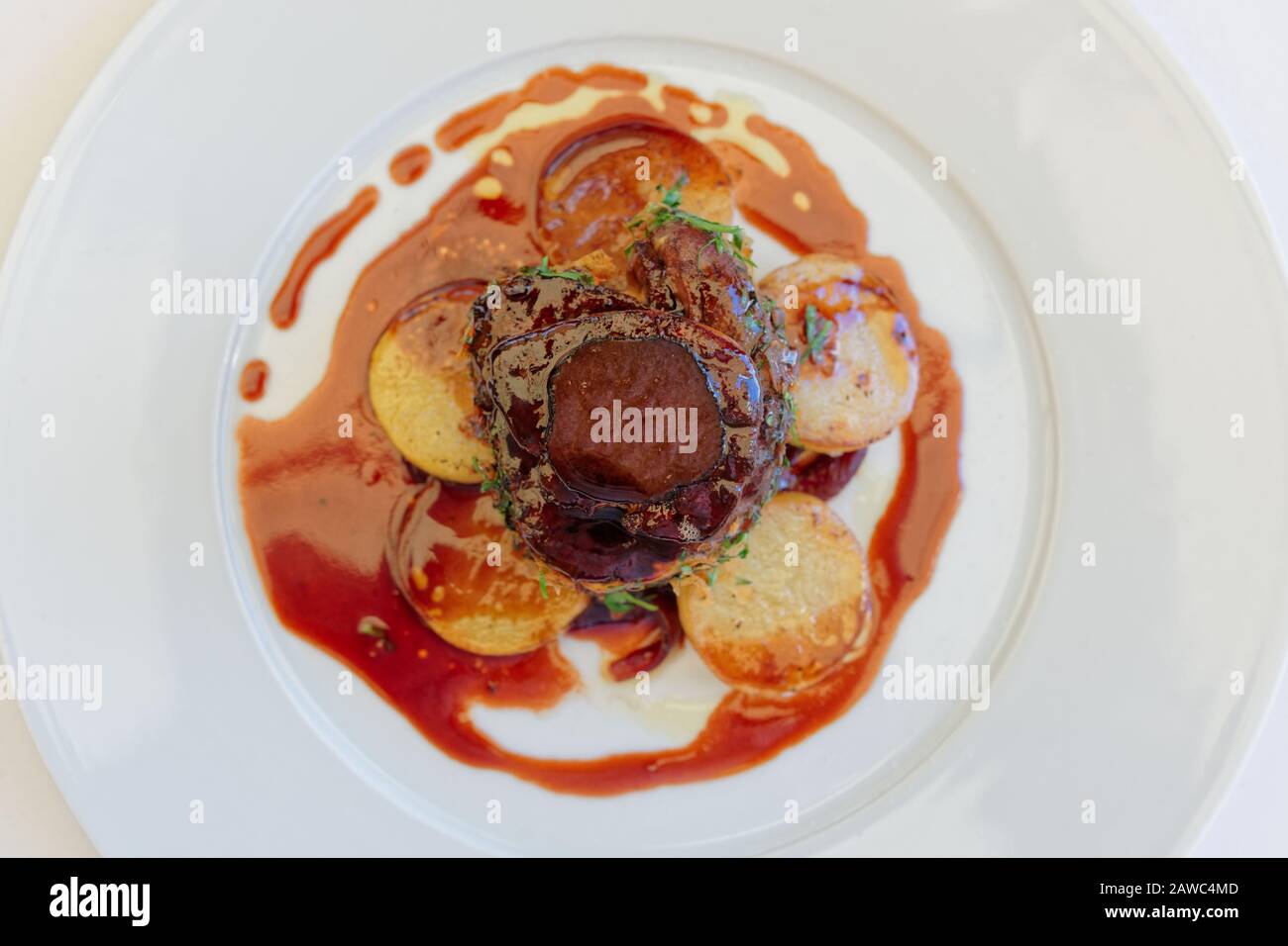 Fillet mignon steak with potatoes shot from above Stock Photo