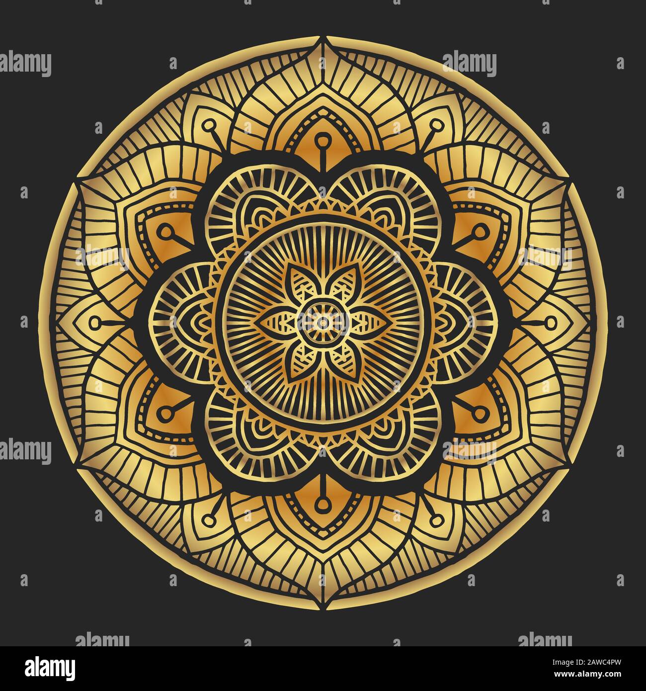 Luxury Golden Mandala decorative round ornament on black background, hand drawn Arabic islamic style - vector oriental ornament Stock Vector