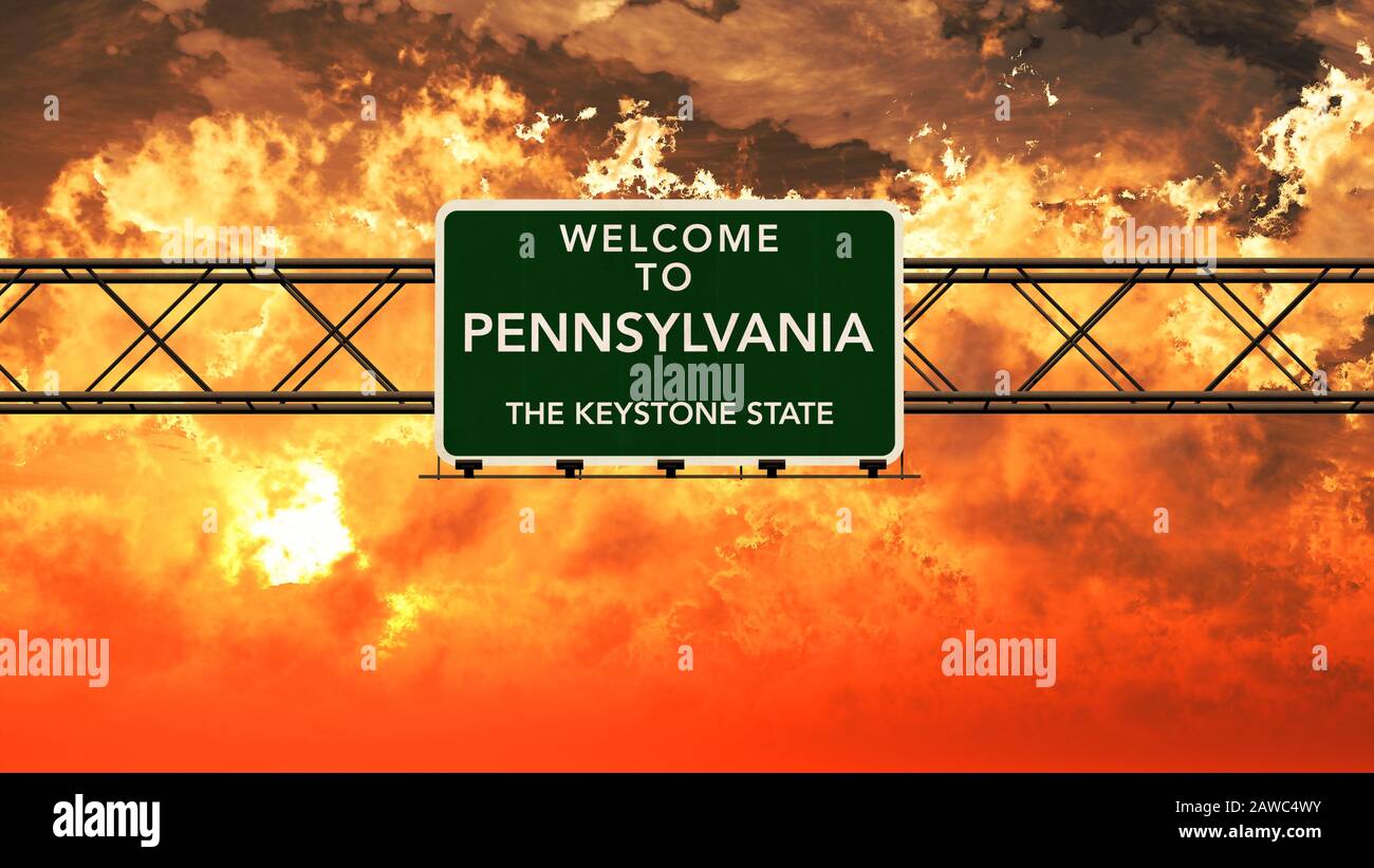Welcome to Pennsylvania USA Interstate Highway Sign in a Breathtaking Cloudy Sunset Photorealistic 3D Illustration Stock Photo