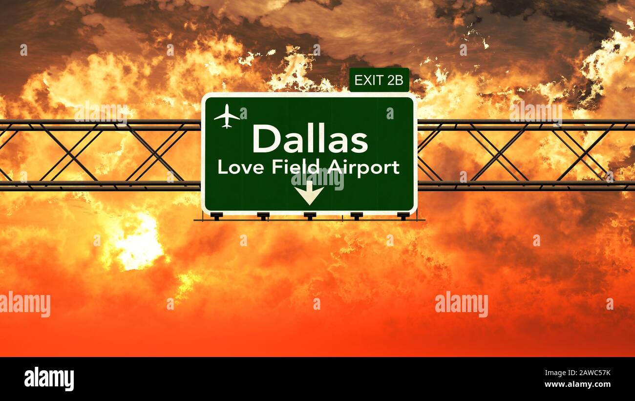 Passing under Dallas Love Field USA Airport Highway Sign in a Beautiful Cloudy Sunset 3D Illustration Stock Photo