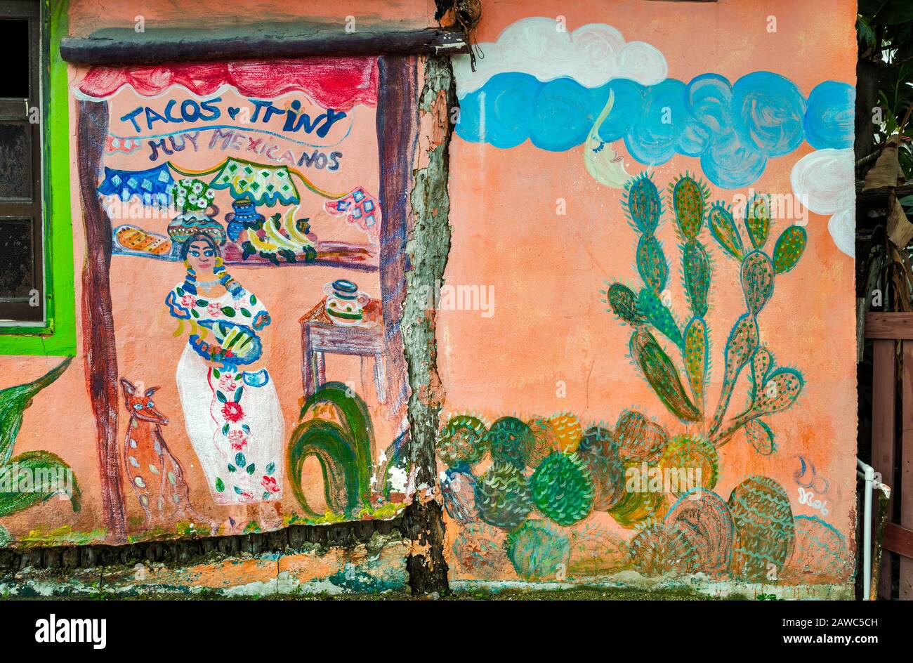 Folk art paintings at wall of restaurant building, now closed, in Puerto Morelos, Riviera Maya, Yucatan Peninsula, Quintana Roo state, Mexico Stock Photo