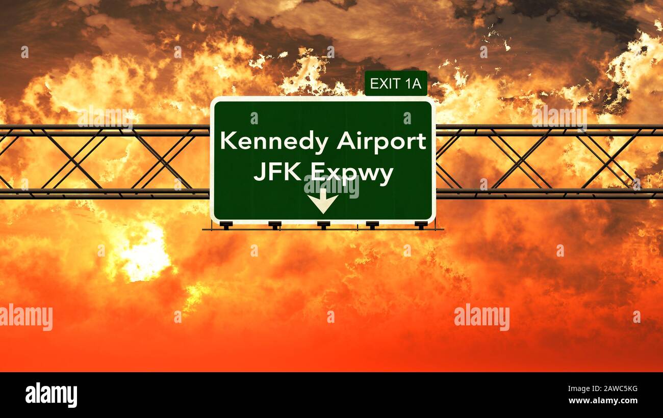 Passing under JFK Kennedy USA Airport Highway Sign in a Beautiful Cloudy Sunset 3D Illustration Stock Photo