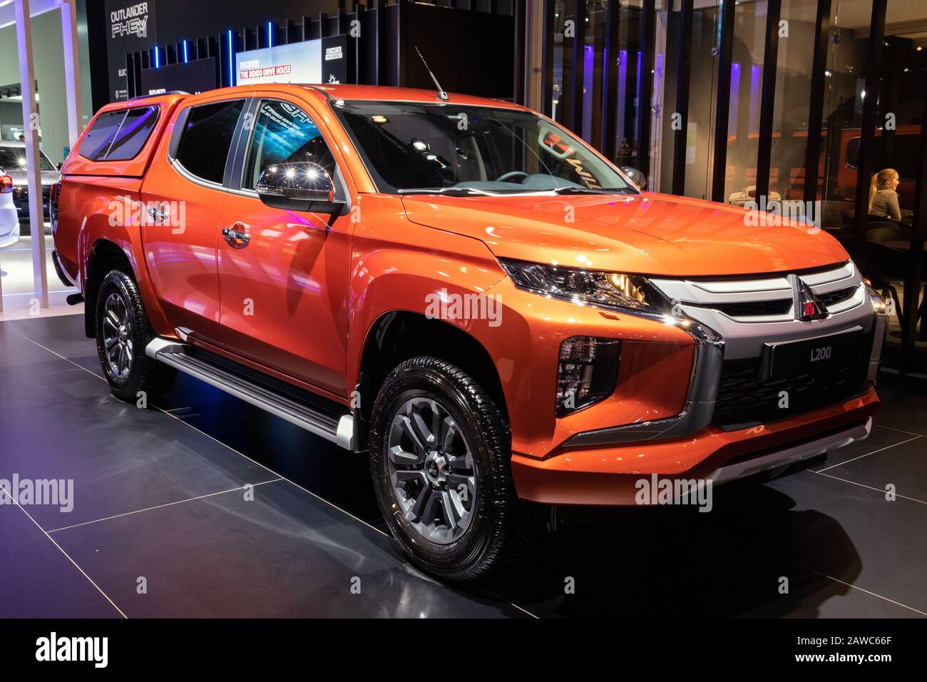 BRUSSELS - JAN 9, 2020: New Mitsubishi L200 pickup truck model showcased at the Brussels Autosalon 2020 Motor Show. Stock Photo