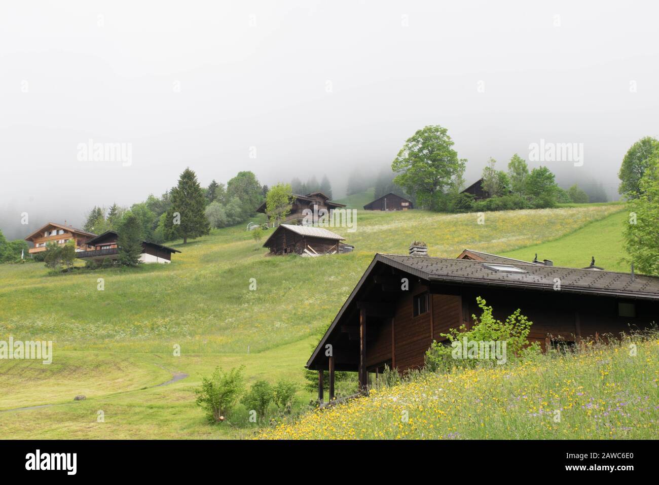 View on village on the foggy hill Stock Photo