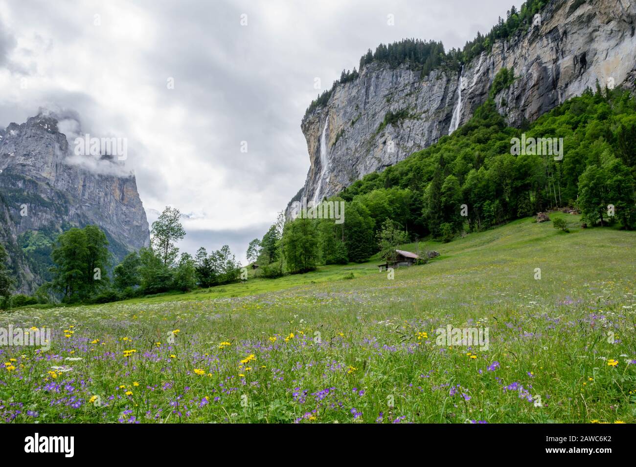 View on waterfalls valley in Alps mountains, Switzerland Stock Photo