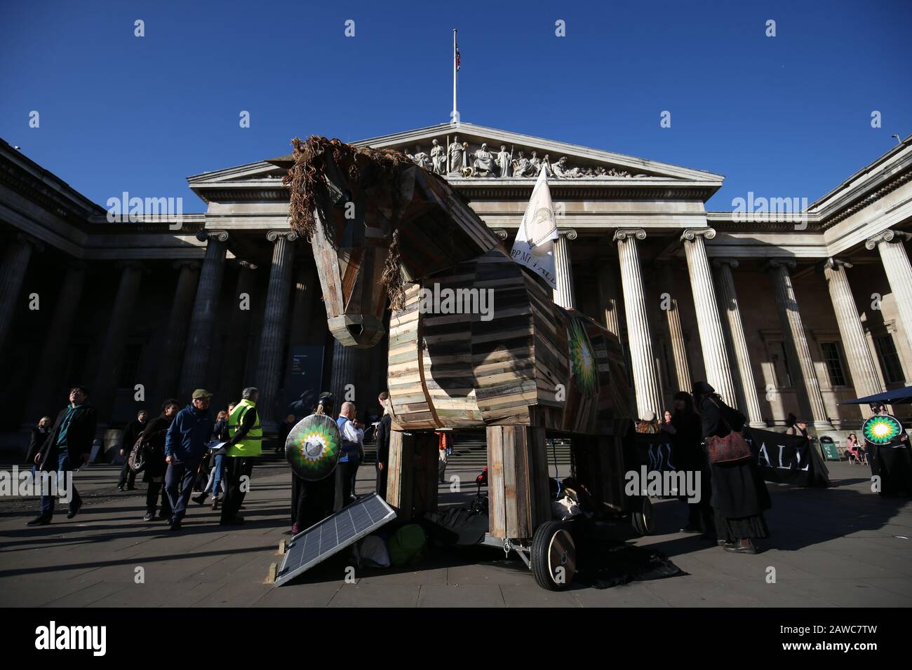 A Trojan horse, placed by activists, dressed as Greek soldiers, in front of the British Museum, London in protest against BP, who are sponsoring the Troy exhibition at the museum. Stock Photo