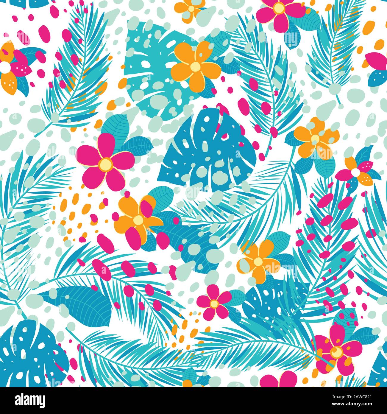 Tropical seamless pattern with palm leaves and flowers. Vector ...