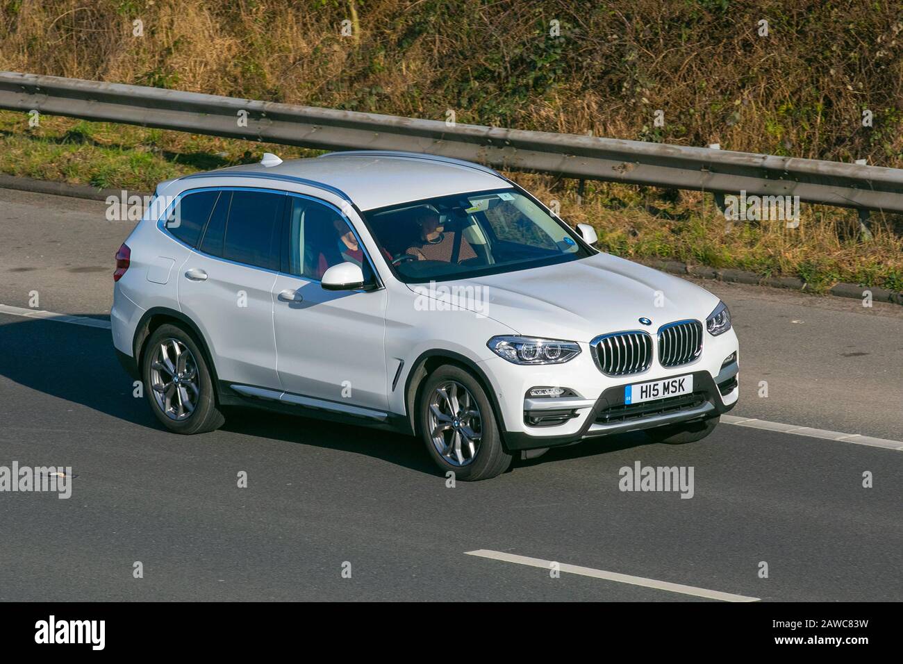 2019 white BMW X3 Xdrive20D XLine Auto; UK Vehicular traffic, transport, modern, saloon cars, on the M61 motorway highway. UK Stock Photo