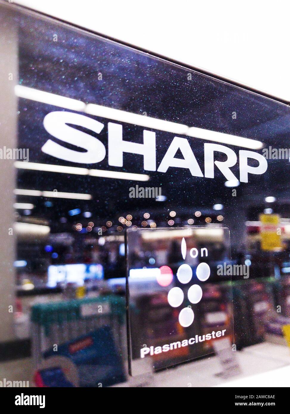 2020: logotype of the Sharp corp, placed on electronics mall Stock Photo