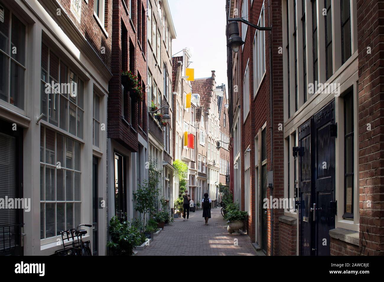 View of people walking on a narrow street in Amsterdam. Historical, traditional and typical buildings and many plants are in the view. It is a sunny s Stock Photo