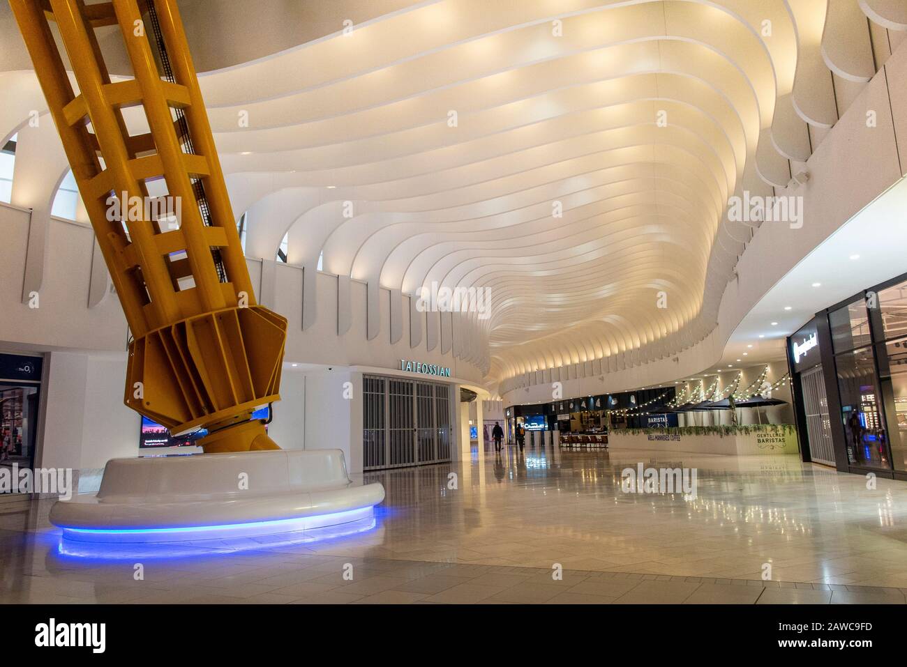 An empty shopping mall in the interior of the O2 Millennium Dome in North Greenwich London Stock Photo