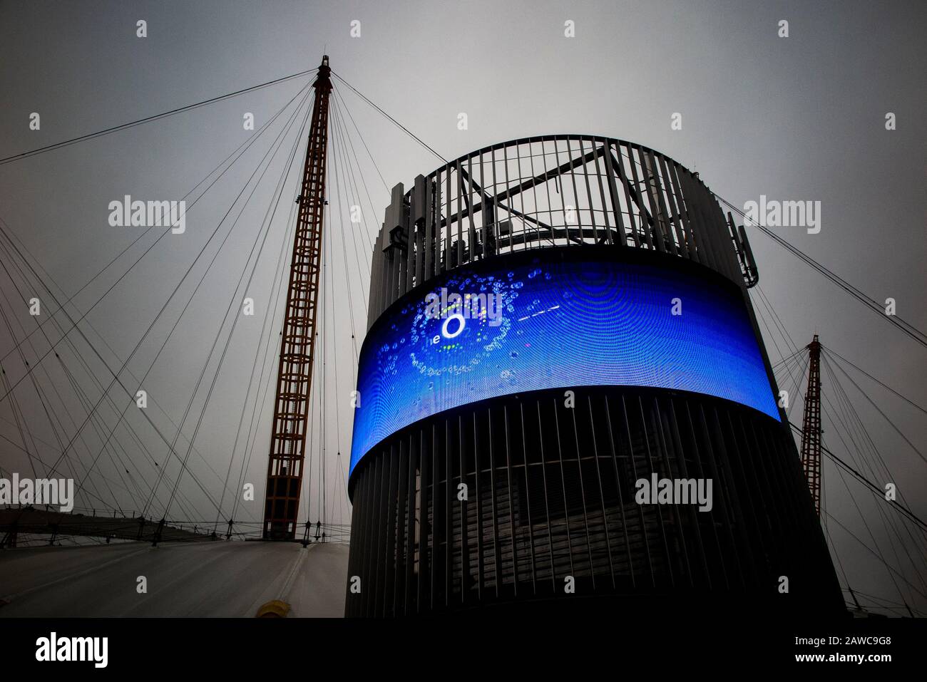 The exterior of the O2 Millennium Dome in North Greenwich, London with an electronic advertising hoarding from O2 Stock Photo