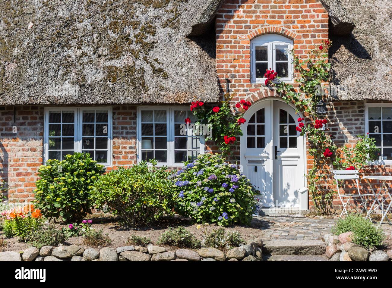 Front of a traditional house with red roses in Mogeltonder, Denmark Stock Photo