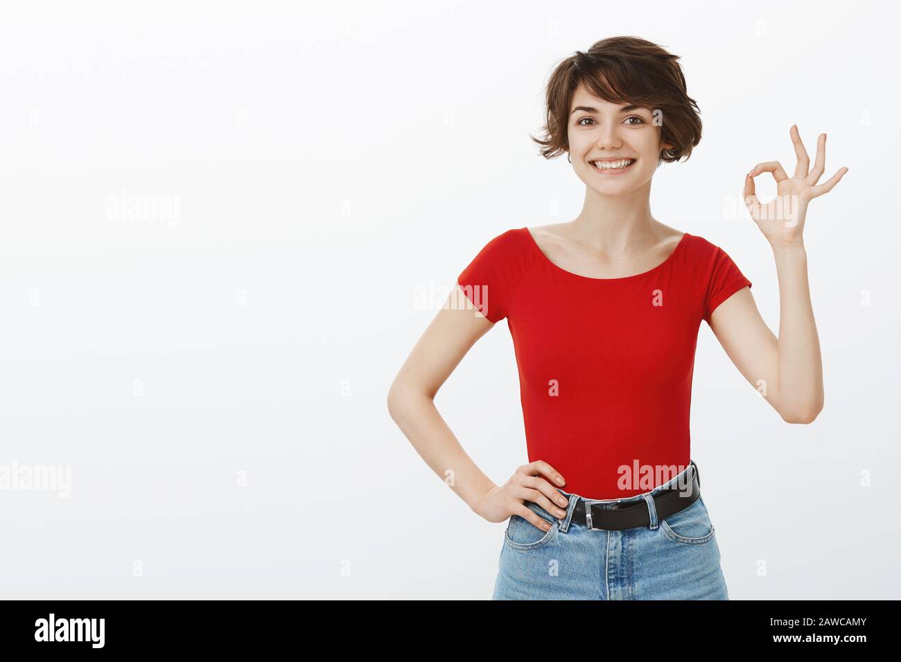 Good job well done. Satisfied happy cheerful female coworker like