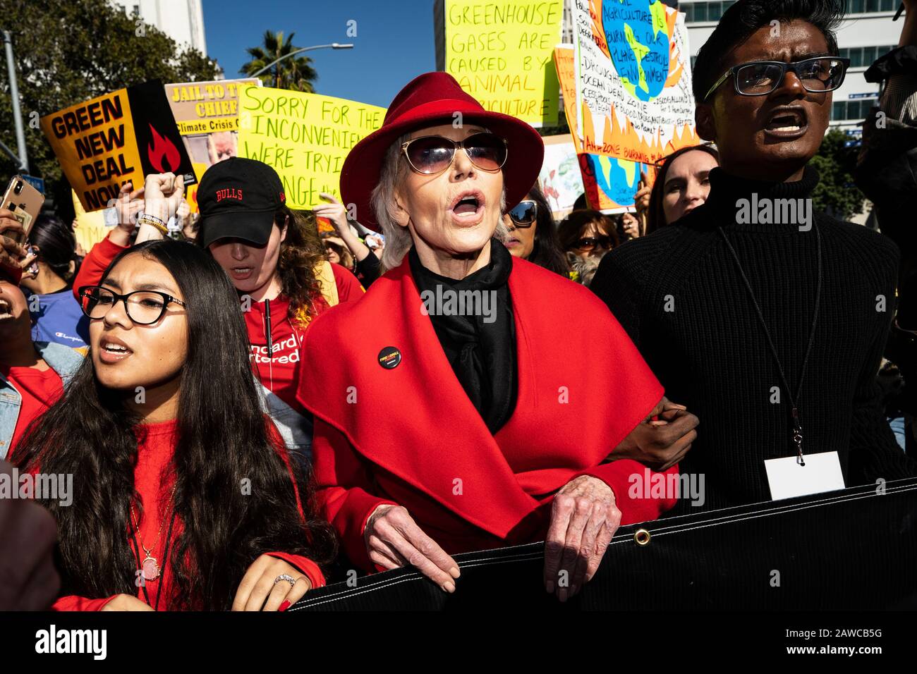 Actress and activist Jane Fonda (C) leads a Fire Drill Friday's climate change protest in Los Angeles. Stock Photo