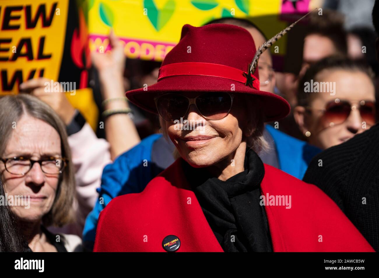 An activist takes part during the Jane Fonda during a Fire Drill Friday's climate change rally in Los Angeles. Stock Photo