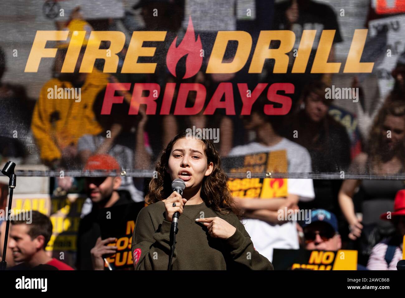 Nalleli Cobo speaks during a Fire Drill Friday's climate change rally outside the Los Angeles City Hall. Stock Photo