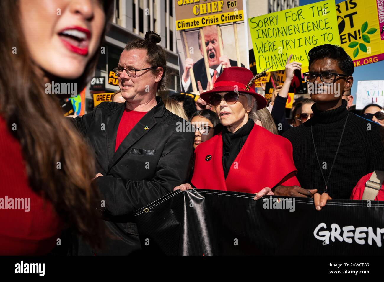 Actress and activist Jane Fonda (C) leads a Fire Drill Friday's climate change protest in Los Angeles. Stock Photo