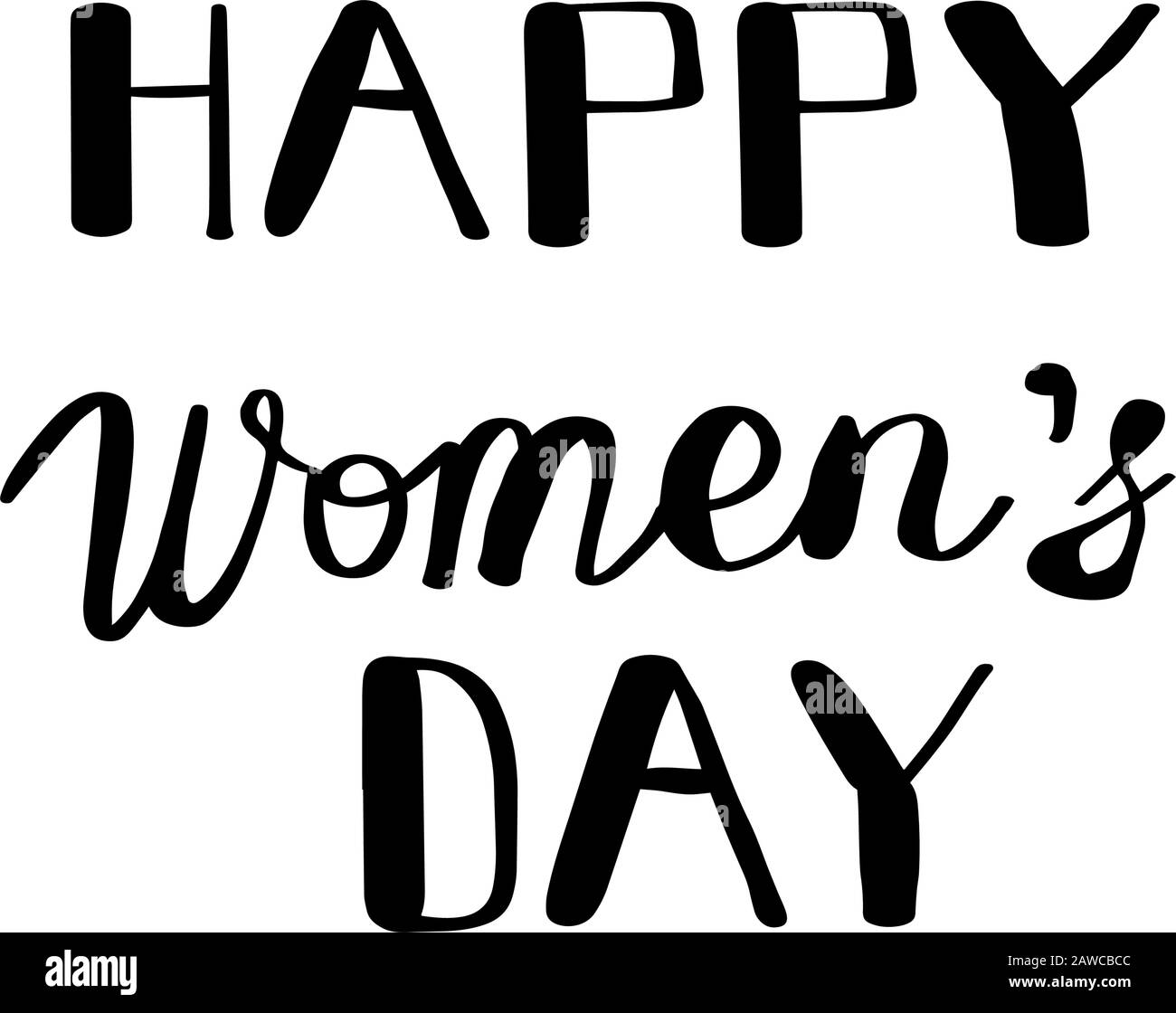 Happy Women's Day hand drawn lettering isolated on white background. Vector outline holidays text.Beautiful background cards for greeting, invitation, Stock Vector
