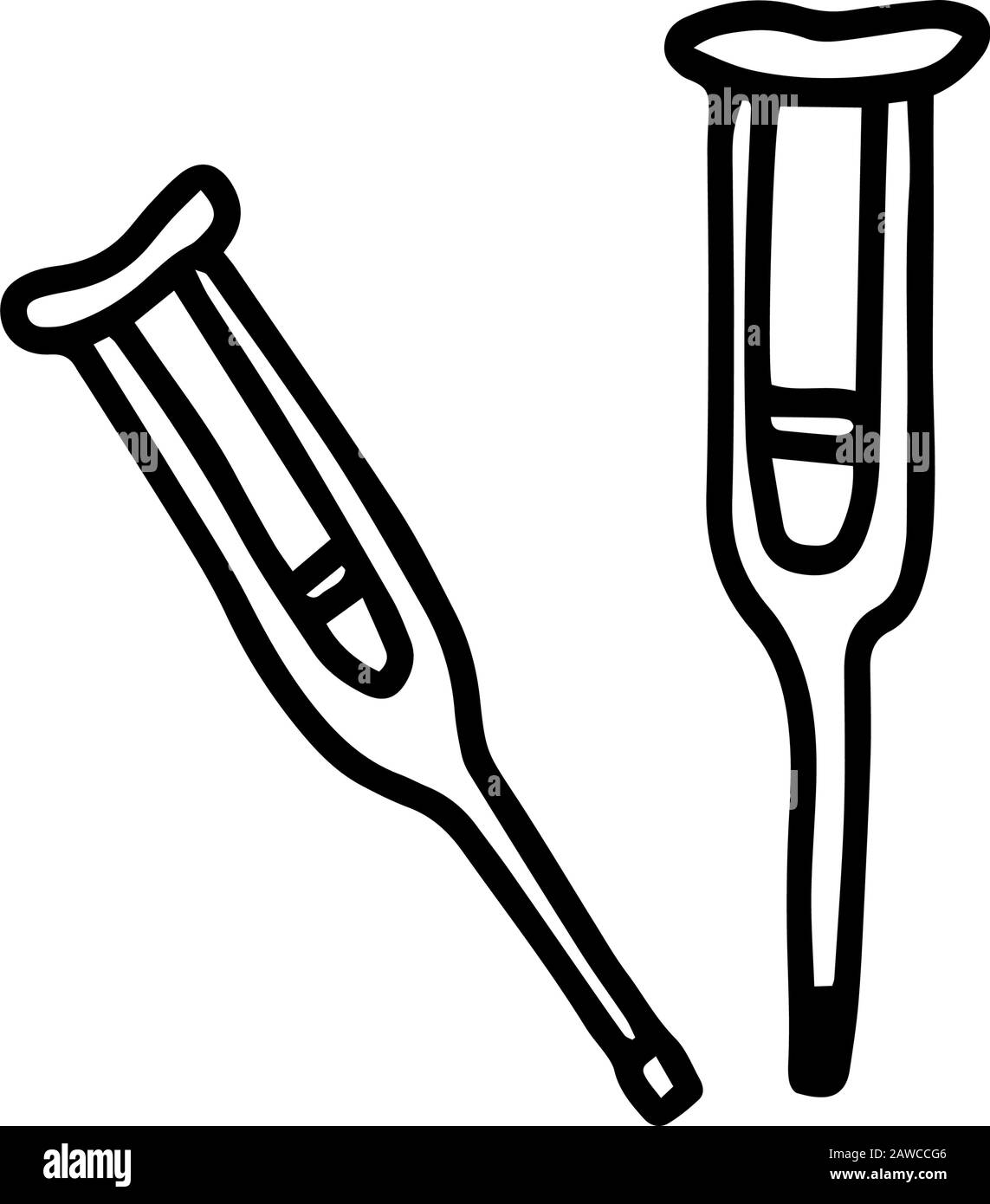 rutches in hand drawn doodle style isolated on white background. Vector stock outline illustration. Single dog-nail. Sign spike element. Medical equip Stock Vector