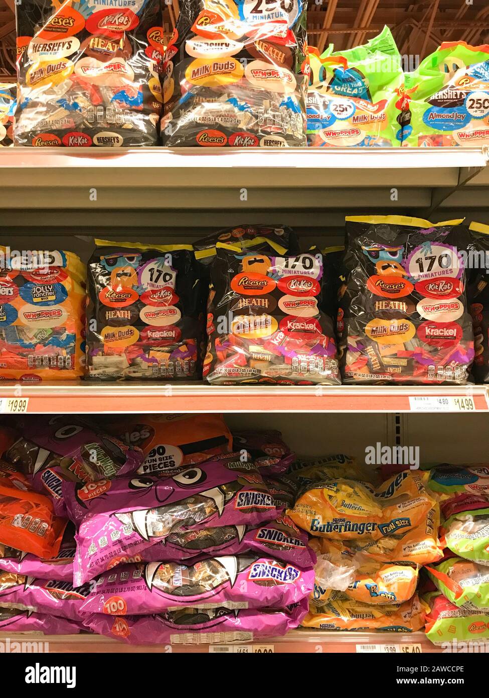 WOODBRIDGE, NEW JERSEY / UNITED STATES - October 17, 2018: A variety of Halloween candy on display at a local supermarket Stock Photo