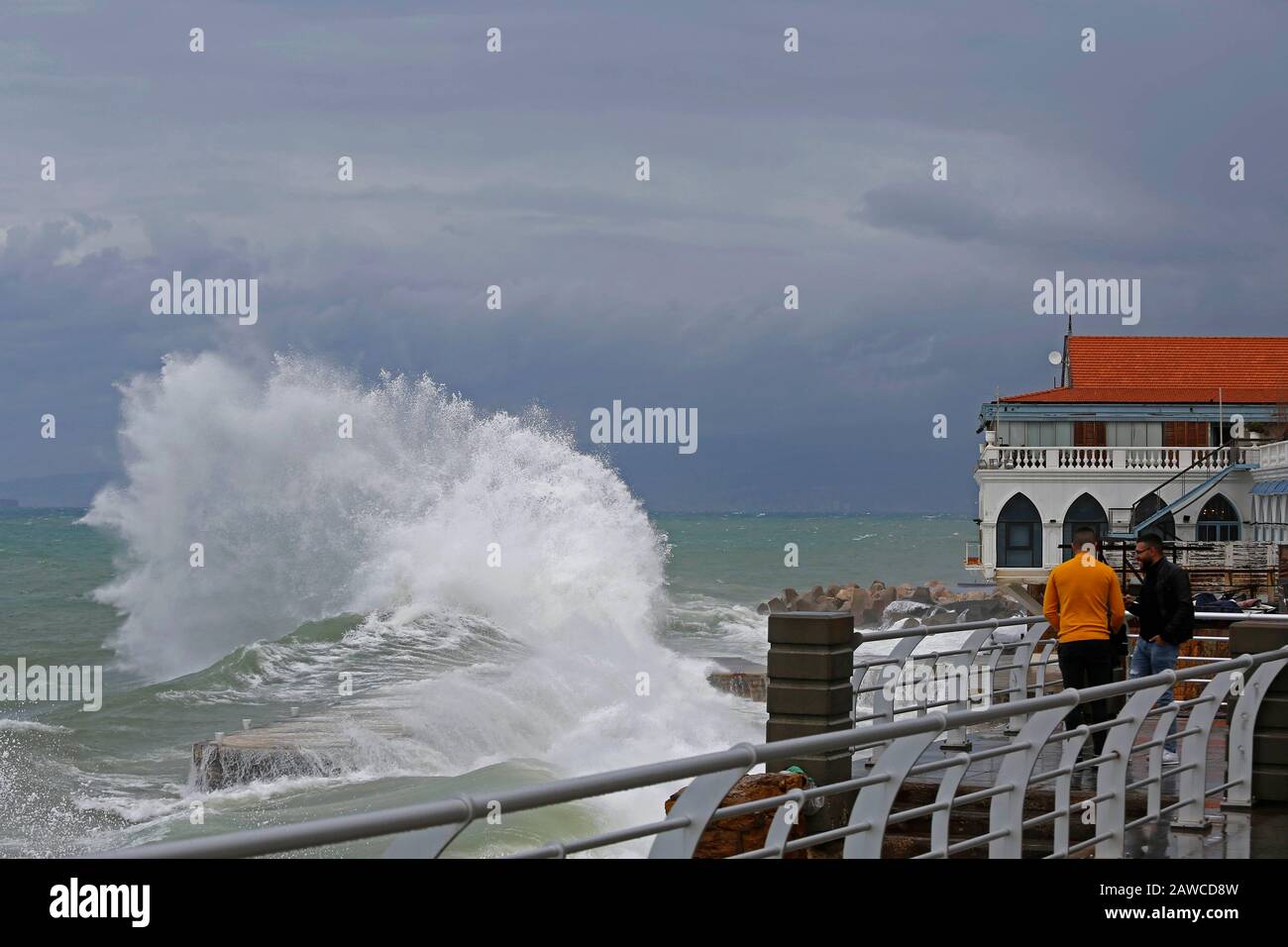 Beirut, Lebanon. 8th Feb, 2020. Huge waves are seen by the seashore in Beirut, Lebanon, Feb. 8, 2020. A snowstorm hit Lebanon on Saturday and is expected to subside on Monday. Credit: Bilal Jawich/Xinhua/Alamy Live News Stock Photo