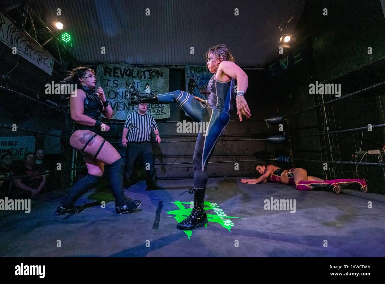 “Reign After Queendom” wrestling tournament by Pro-Wrestling: EVE, a feminist punk-rock full contact wrestling promotion, London, UK Stock Photo