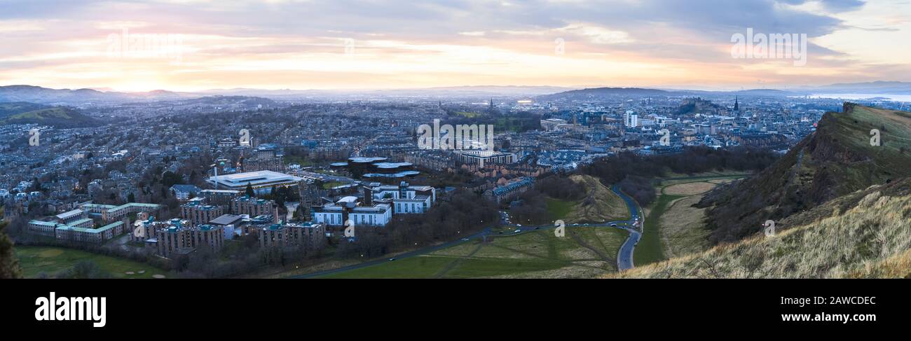 View from Arthur's seat towards Pollock halls and the city centre, Edinburgh, Scotland Stock Photo