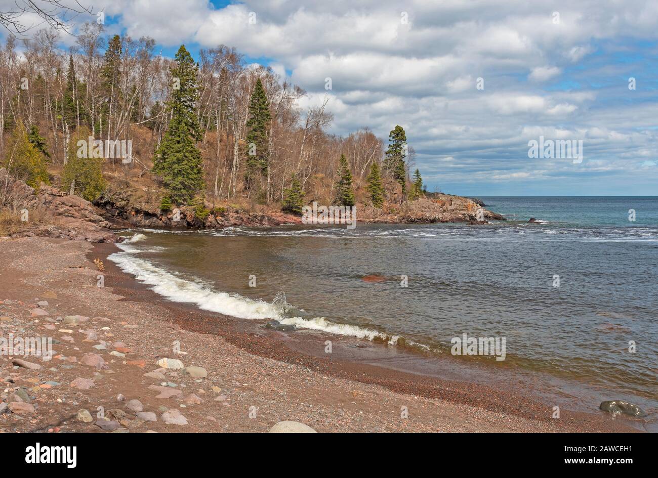 Quiet Beach on the Great Lakes At Temperance River State Park in MInnesota Stock Photo