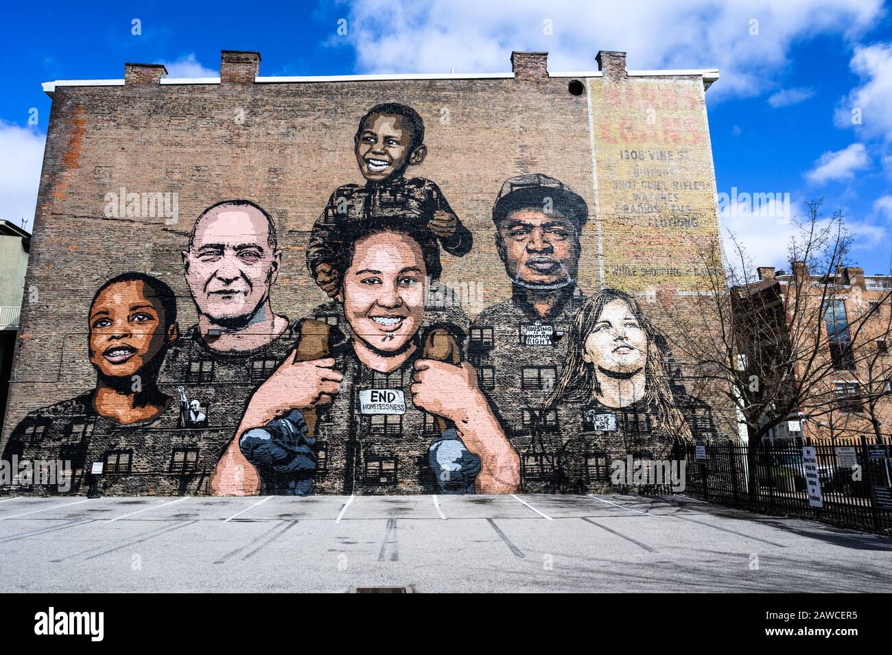"Faces of Homelessness" mural in Cincinnati, Ohio (mural by ArtWorks