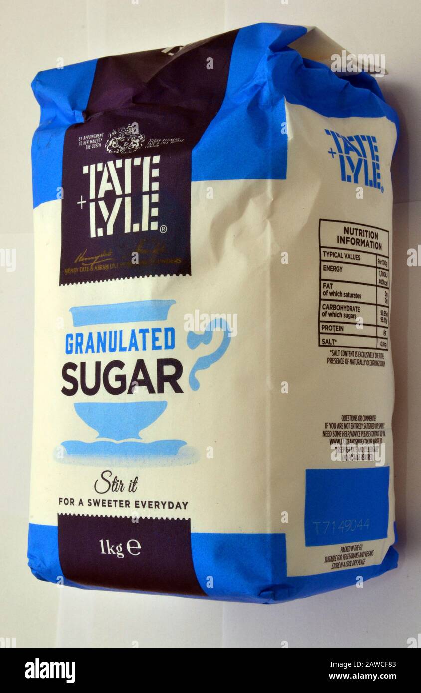 A 1 kilogram packet of Tate & Lyle brand granulated sugar Stock Photo