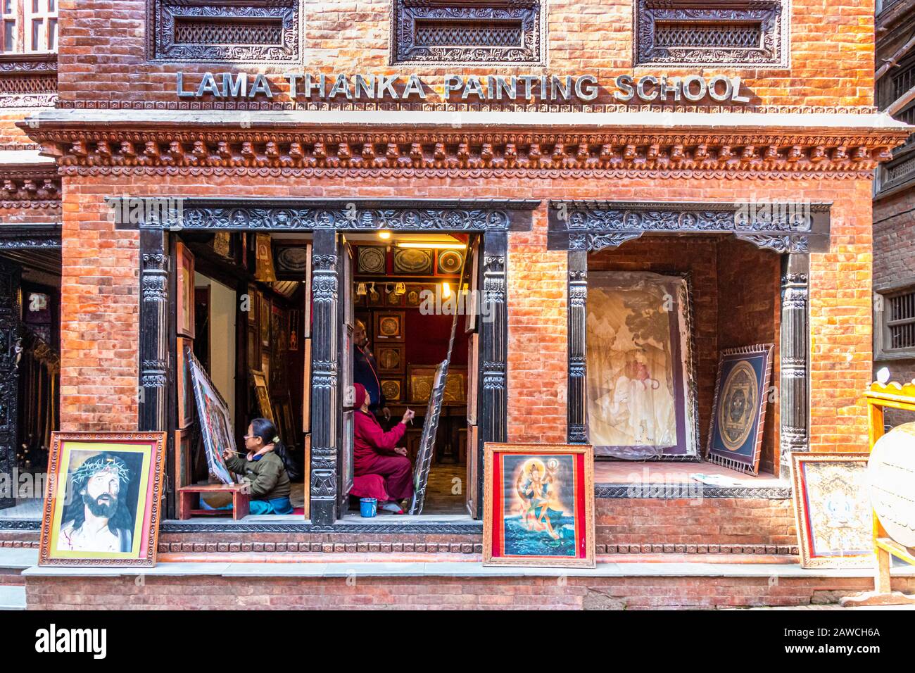 Bhaktapur, Kathmandu, Nepal, Asia - December 9,2019: Front view of the Lama Thanka Painting School established by Mr. Ram Bahadur Lama, where two arti Stock Photo
