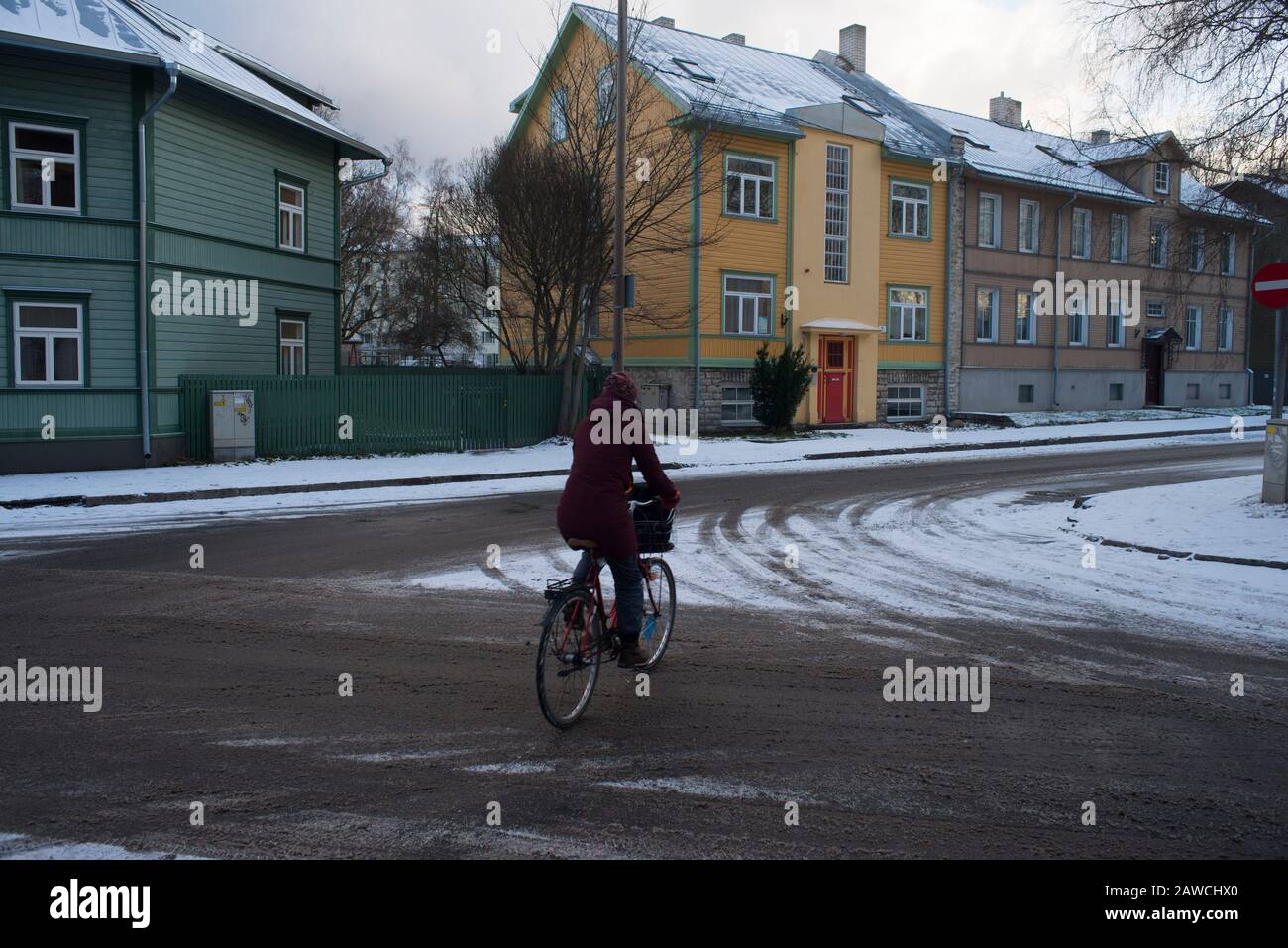 Cyclist in Luha street , Uus Maailm (a subdistrict of the district of Kesklinn, Tallinn, the capital of Estonia. Stock Photo