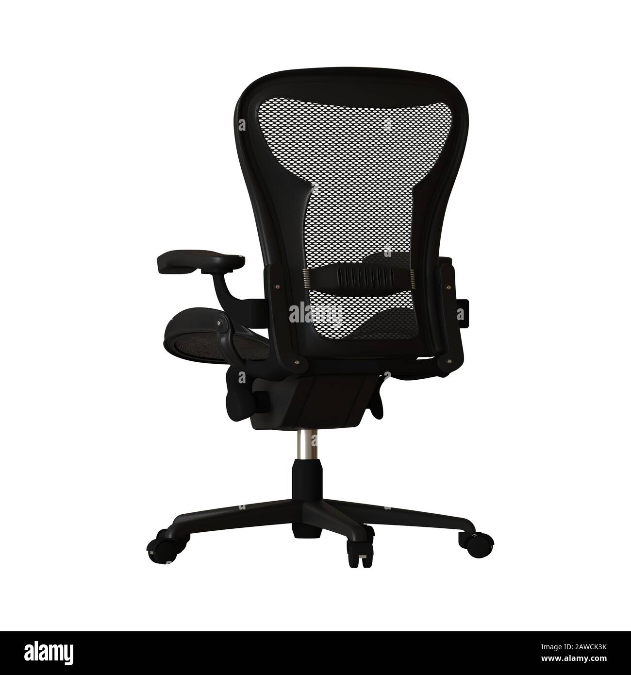 The office chair is black on a white background. Isolate. 3D rendering of excellent quality in high resolution. It can be enlarged and used as a backg Stock Photo